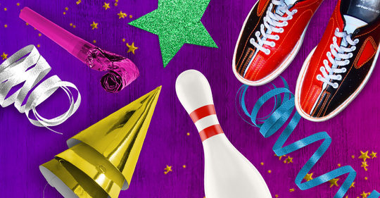 Bowling pin, bowling shoes, a party hat, confetti and a green star on a purple background