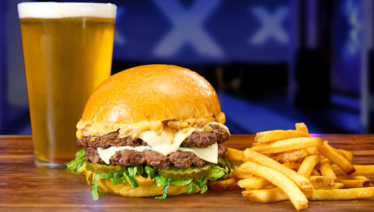 Beer, hamburger, and french fries