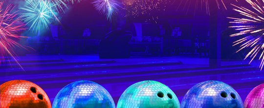 bowling balls with a blue background and fireworks
