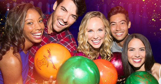 group of people holding bowling balls in front of a stylized background